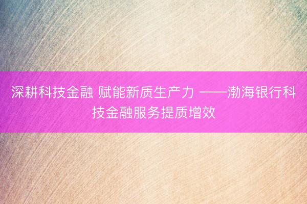 深耕科技金融 赋能新质生产力 ——渤海银行科技金融服务提质增效